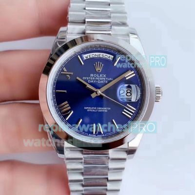 Swiss ETA3255 Noob Rolex Day-Date 41mm Watch SS Blue Dial Smooth Bezel